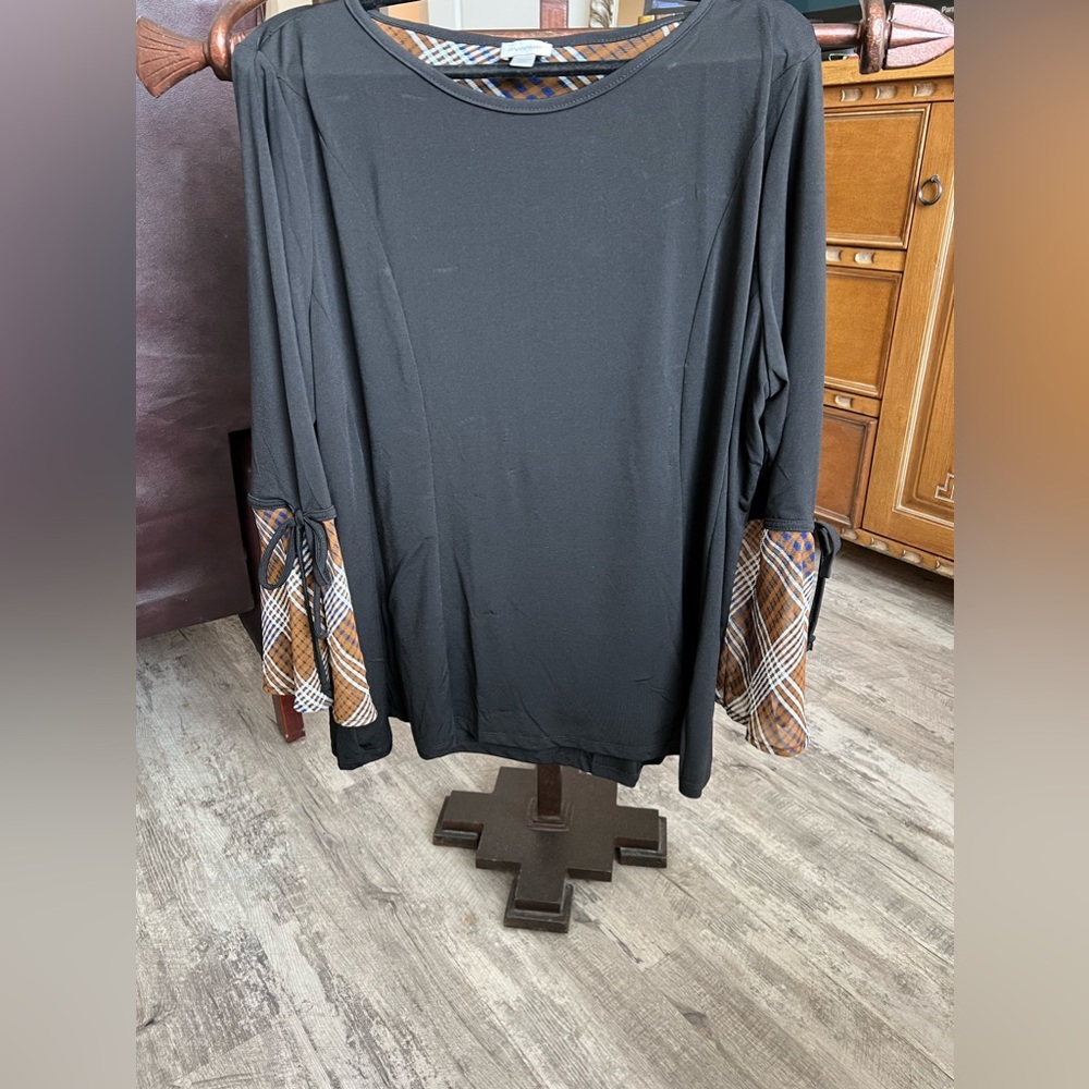 Avenue Top Brown Black Bohemia Plaid Sleeve Stretch Polyester Top 22/24